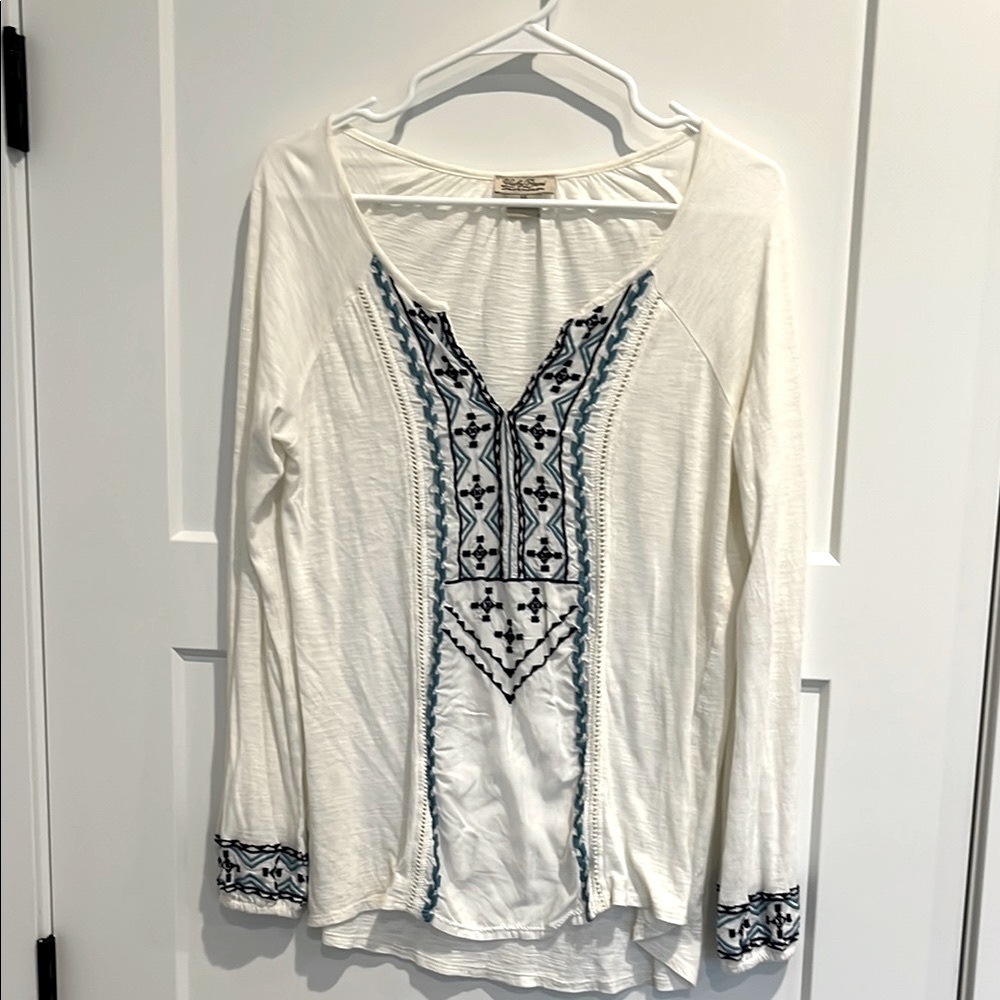 Lucky Brand White and Blue Embroidered Top